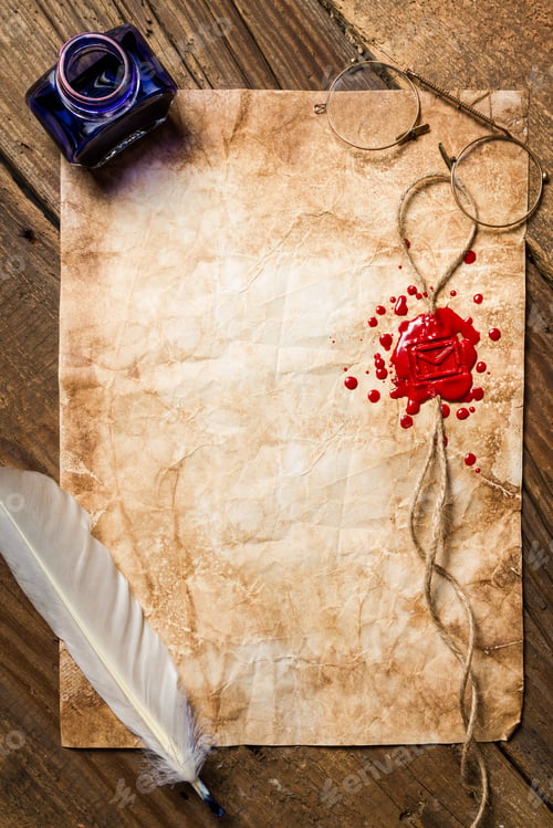Preview: Inkstand, feather and red sealing wax on the vintage paper
