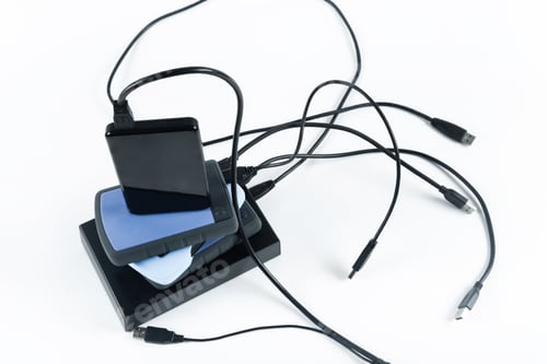 Preview: many external hard drives with wires lie on a white background. Hard drives on isolate