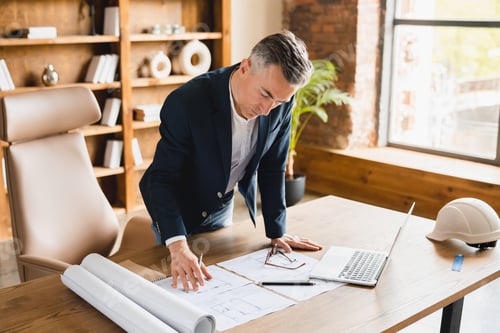 Preview: Architect working in office with blueprints, inspection in workplace for architectural plan