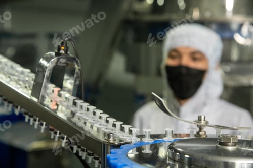 Preview: Closeup of the production of medical syringes with worker in a mask on blur background