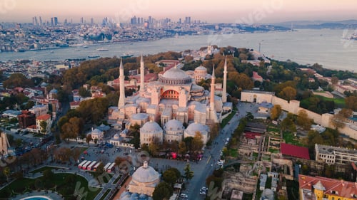 Preview: Aerial view of Blue Mosque with six minarets in Istanbul, Turkey.