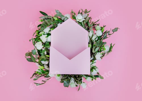 Preview: Wreath with white roses and envelope on pink background