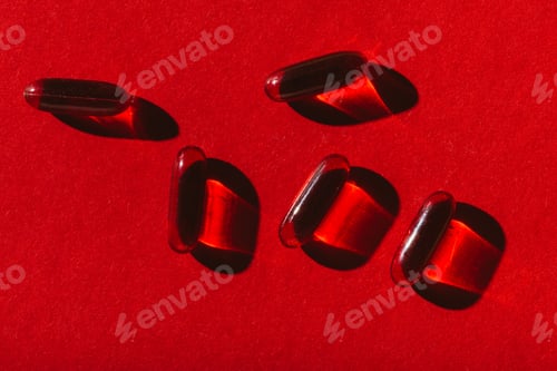 Preview: top view of transparent medical capsules on red