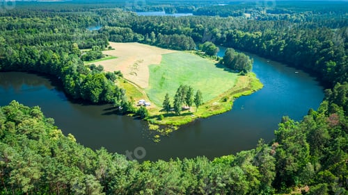 Preview: Aerial view of wildlife in Poland. Curvy river and forests.