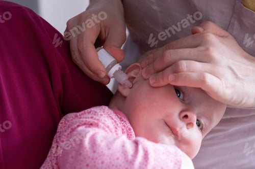 Preview: mother dribble medication in baby ear. Ear drops
