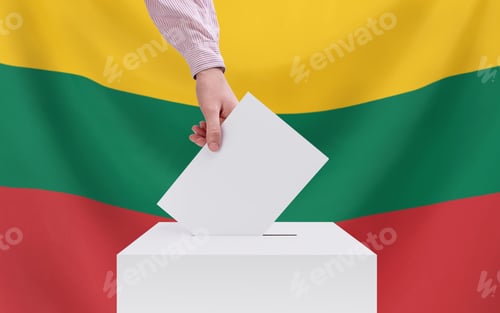 Preview: Elections, Lithuania. Voting concept. A hand throws a ballot into the ballot box.
