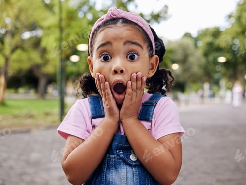 Preview: Wow, surprise and girl child at park outdoors looking shocked. Face portrait, omg and shock of kid