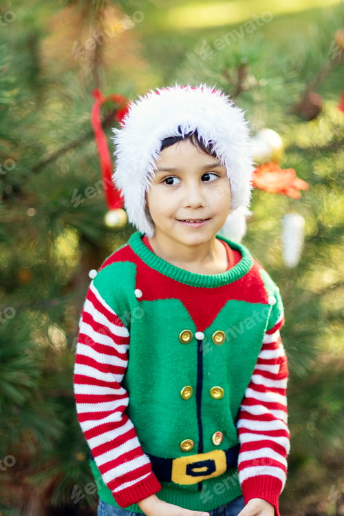 Preview: Little boy in sweater and hat waiting for a Christmas in the wood