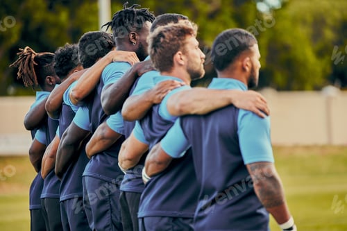 Preview: Rugby, team and sports with a group of men outdoor, standing together on a field before a competiti