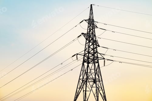 Preview: Silhouette High voltage electric tower on sunset time and sky on sunset time background.