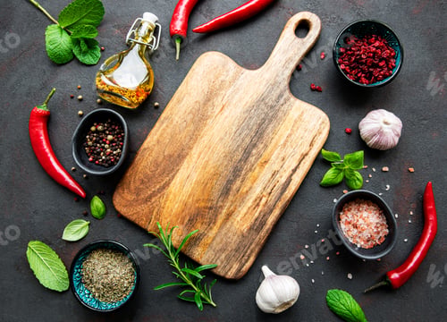 Preview: Cutting Board Surrounded by Spices and Vegetables
