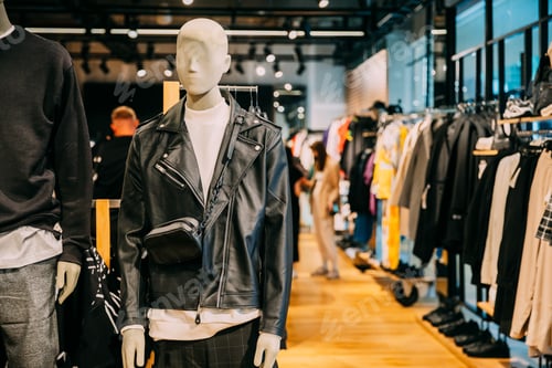 Preview: Mannequin Dressed In black leather Men male Casual Clothes And jacket In Store Of Shopping Center