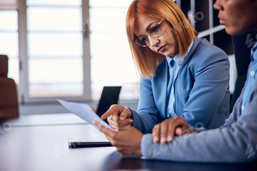 Preview: Two business females analysing a document together, sitting at the office.