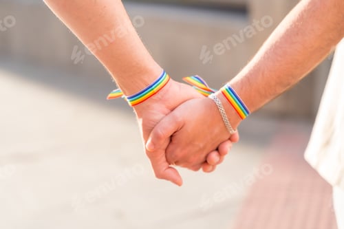 Preview: Detail of the holding hands of a couple of homosexual men with the rainbow flag at the pride