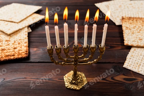Preview: Jewish holiday Passover banner design with wine, matzo on wooden background.