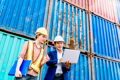 Preview: Asian warehouse manager using laptop checking work at logistic container