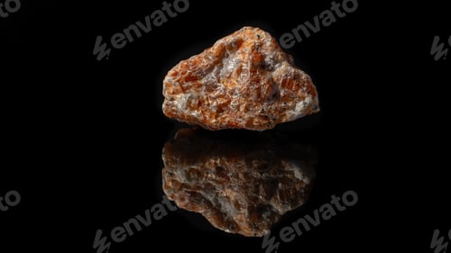 Preview: Closeup of an uncut and raw orange-red calcite pebble on a reflective black surface