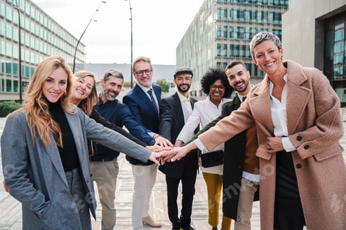 Preview: Large group of diverse business people standing outdoors, smiling, and stacking hands together
