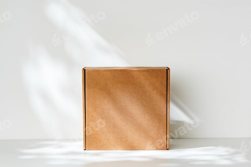 Preview: Simple brown cardboard box positioned on a white surface with soft angled shadows in natural light