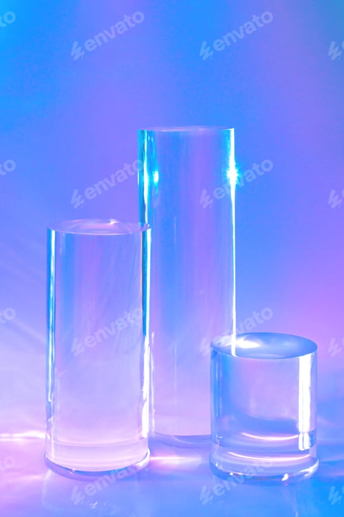 Preview: empty surreal scene with three clear glass cylinder podiums on pastel holographic neon background