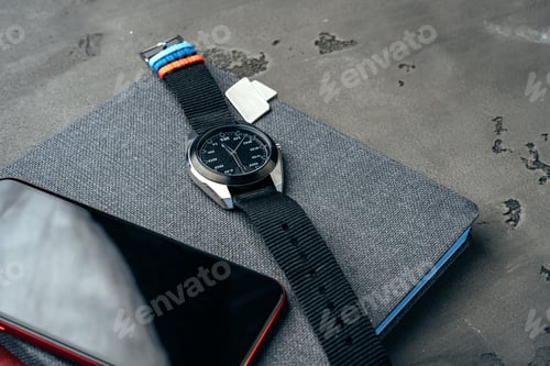 Preview: Men's accessories such as smartphone and watch on dark grey table