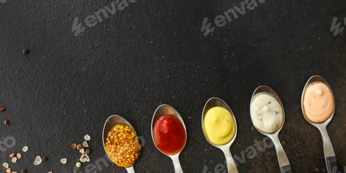 Preview: Sauces, Portion Serving (Ingredient To Dish). Top View. Copy Space