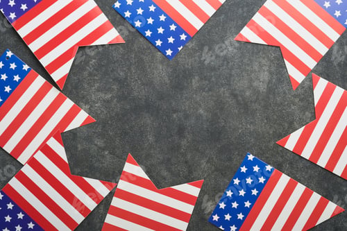 Preview: 4th of July background. USA paper fans, Red, blue, white stars, balloons, gold confetti on gray dark