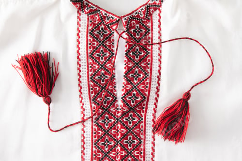 Preview: National Ukrainian embroidery. Handmade. Cross stitch in red, black and white. Traditional shirt of