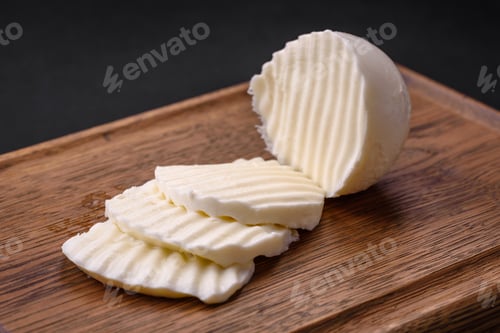 Preview: Delicious fresh mozzarella cut into slices on a wooden cutting board