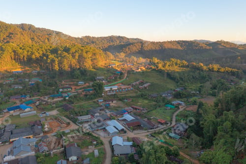 Preview: Aerial view of Ban Rak Thai village, chinese hotel resort, Mae Hong Son, Thailand. Nature landscape