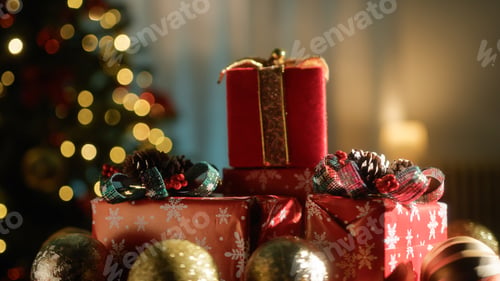 Preview: Red Christmas Red Presents Against Tree