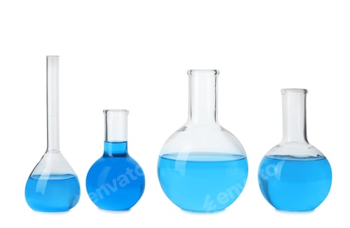 Preview: Laboratory glassware with blue liquids isolated on white