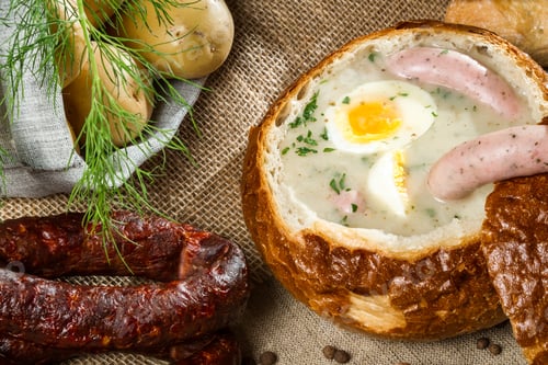 Preview: Closeup hot soup served in bread on Easter