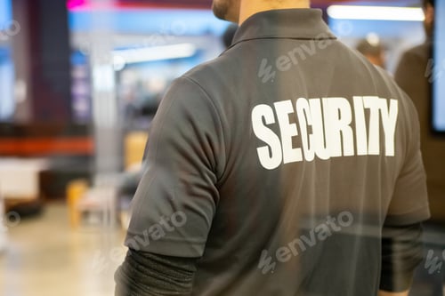 Preview: Closeup shot of a security guard inside a commercial building with reflection light in window