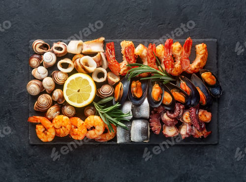 Preview: Seafood charcuterie board with shrimp, oysters, fish and octopus