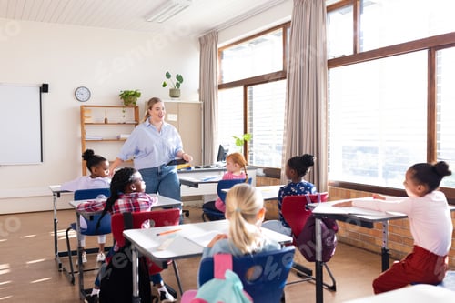 Visualização: Envolvendo-se com diversos alunos, professora promovendo a aprendizagem ativa na sala de aula da escola