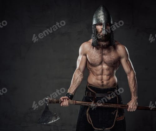 Preview: Warlike shirtless viking with axe posing in dark background