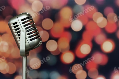 Preview: Vintage classic microphone with background of colorful lights bokeh