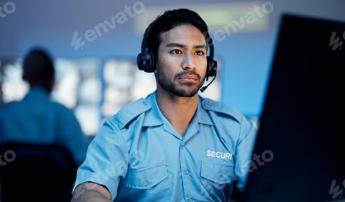 Preview: Security guard, monitor and worker man watching screen relax on the job for building protection. Su