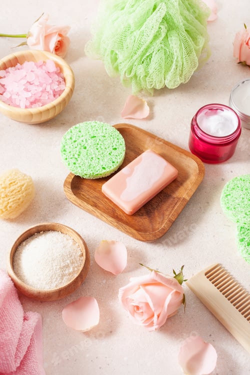 Preview: skincare products and rose flowers. natural cosmetics for home spa treatment