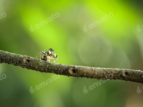 Preview: Colorful Jumping Spider on a Twig Against Green