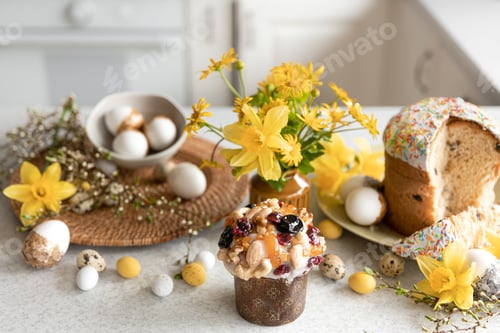 Preview: Easter composition with traditional pastries, decorative eggs and flowers.