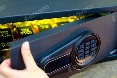 Preview: Hand open electronics steel safe box full of coins stack and gold bar