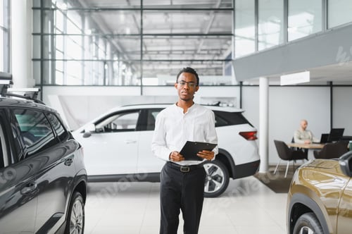 Preview: african american car dealer principal standing in showroom