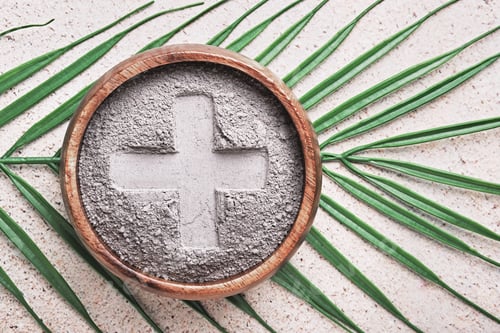 Preview: Cross in ashes on a palm leaf background - symbols of Ash Wednesday