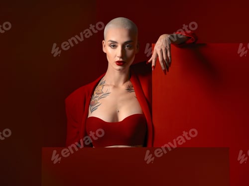 Preview: Fashion, portrait and confident woman in red suit in studio isolated on a background mockup space.