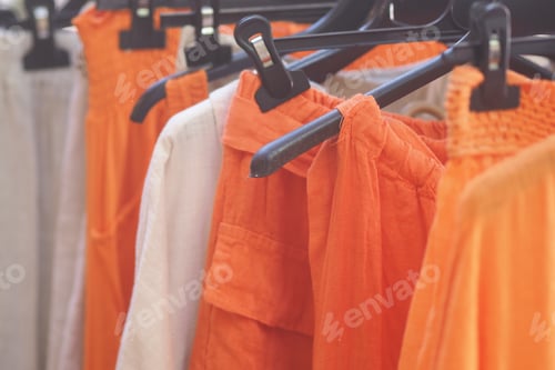 Preview: Bright orange clothing hangs on display in a retail store