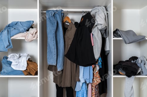 Preview: Messy dressing room shelves with stack of clothes.