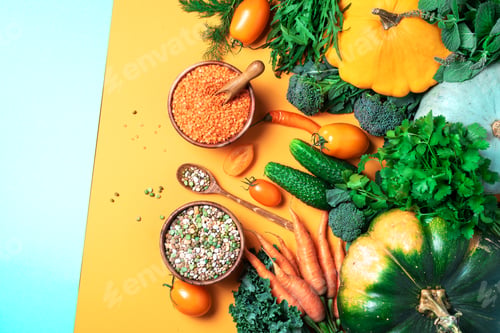 Preview: Vegan and vegetarian diet, harvest concept. Autumn vegetables, lentils, beans, raw ingredients for