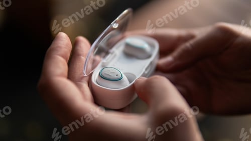 Preview: Holding handsWireless portable speaker and modern devices